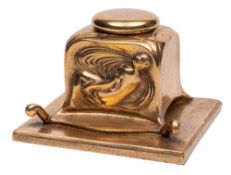 An Art Nouveau period gilt bronze inkwell: of rectangular outline,