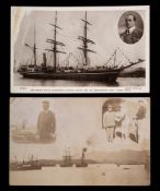 A photographic postcard of the Terra Nova in Port: with vignettes of an officer with a dog and