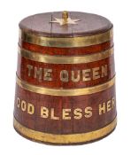 An Elizabeth II Royal Navy rum barrel: the circular cover with a gilt brass acorn finial on a six