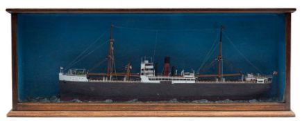 A cased waterline model of the cargo ship 'SS Port Denison': rigged with aerial masts and folded
