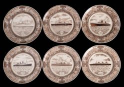 A set of six Masons ironstone Ocean Liner plates: with brown glaze ship portraits within a themed