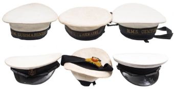 Four Royal Navy Class II Sailors' hats:, one with tally for HMS Submarine,