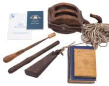 A late 18th century iron bound double block: together with a leg of mutton lead sounding weight,