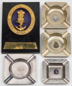 Four Royal Navy silver plated ashtrays: including one made with metal from HMS Revenge,