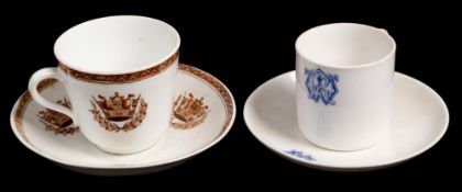 A Crown Staffordshire Royal Navy wardroom coffee cup and saucer: with blue glaze 'WR' monogram;