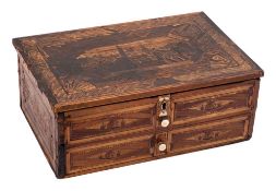 A 19th century Prisoner of War straw work box: the exterior with landscape panels and false