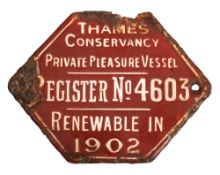 An Edwardian brown enamel Thames Conservancy Private Pleasure Vessel badge: 'No.