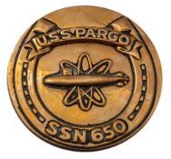 A circular bronze wardroom badge for the United States Navy Sturgeon-Class Attack Submarine 'USS