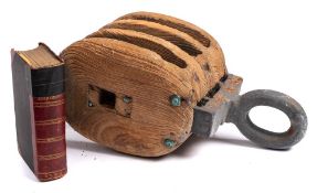 An oak and iron triple block: together with a copy of Nares, G, S 'Seamanship', Griffin & Co.