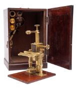 A 19th century lacquered brass microscope: unsigned,