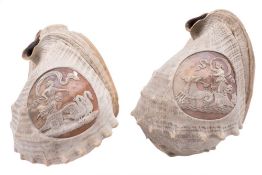 A pair of cameo carved shells: one decorated with Venus in a chariot drawn by swans,