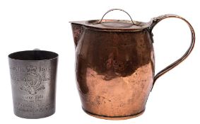 A copper jug in the Arts & Crafts manner made from copper salvaged from HMS Britannia: stamped to