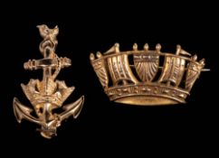 A 9ct gold Royal Naval Crown brooch, maker JWB, Birmingham, 1997: and a 9ct gold foul anchor brooch,
