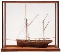 A cased scale model of the Rye fishing boat RX 153 'Three Brothers': standing and running rigged