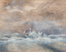 British School 19th Century,- In The Gale, South Pacific,:- signed with initials T.