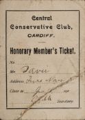 A Central Conservative Club, Cardiff Honorary membership card for Frank Davies:.