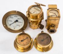 A George Kent brass oil flow gauge: together with a Dukes & Briggs Magnetel gauge and three other