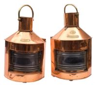 A matched pair of copper and brass ship's Port & Starboard lanterns: of typical form,