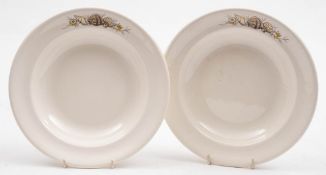 Two Orient Line ironstone soup bowls by Ashworth Brothers: with transfer shell decoration to rim,