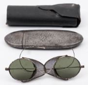 An 18th century steel spectacle case: engraved 'F Line , 1726' over Masonic compass and square,