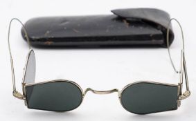 A pair of 19th century 'D' -shaped railway spectacles: with double blue tinted glass lenses and