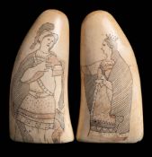 A pair of scrimshaw decorated teeth of Queen Victoria and Britannia: 13cm high