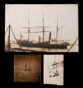 A black and white photographic postcard of the Terra-Nova:, addressed to Mrs E Stephens,