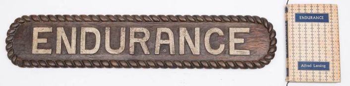A carved wooden ship's nameplate 'Endurance',