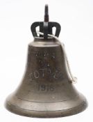 The ship's bell from the Ascot-Class paddle minesweeper 'HMS Totnes' 1916: with iron screw mount to