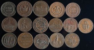 Sixteen 19th century penny tokens.