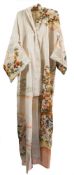 Two mid-20th century Japanese kimonos: and an obi, having printed floral decoration.