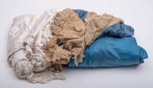 An early 20th century machine lace and silk bedspread: together with a quantity of miscellaneous