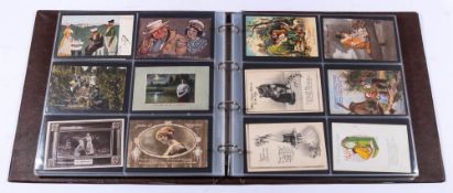 An album of mixed postcards; including sport, railway, military, humour, actresses, etc ,