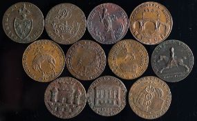 Eleven various trade tokens: