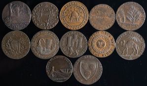 Twelve various trade tokens: