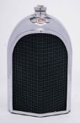 A chrome plated Bentley radiator hip flask by Ruddspeed Ltd: with radiator cap stopper,