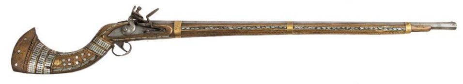 A reproduction flintlock jezail: 38 inch steel octagonal barrel with or sight and triple brass bans,