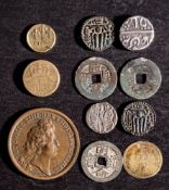 Ludovicus 14th medallion with other packeted coins and two William III coin weights.