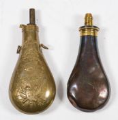 A Skye patent copper and brass powder flask: together with a reproduction US Sand at Arm flask (2)