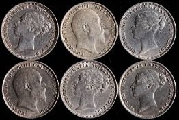 Six sixpences, better grade, 1845,72, 74, 77,