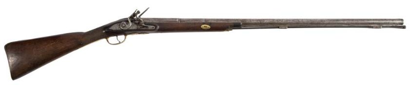 A 19th century flintlock smoothbore musket: 34 inch three stage barrel, with steel ramrod beneath,