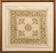 A bullion work embroidered square panel: with central flowerhead motif,