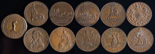 Eleven various trade tokens: