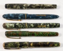 A Parker Vacumatic green marble fountain pen, a Burnham No.47 green marble pen, a Conway Stewart No.