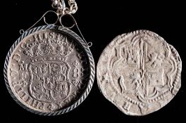 A 1741 'Hollanda' eight reales piece with silver mount and certificate,