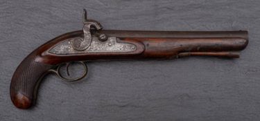 A 19th century percussion cap pistol: plain 9 inch barrel with horn tipped ramrod beneath,