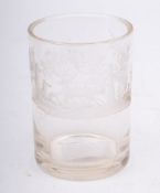 A late 19th century Bohemian etched glass tumbler: one side with the initials 'JR' over verse,