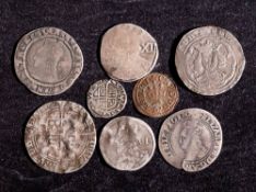 Eight English hammered coins, an Elizabeth I sixpence, groat and penny, Edward III groat,