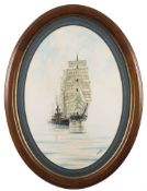 * Chris Williams [Contemporary]- Coastal trader and tug boat,:- signed, watercolour, oval,