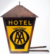 A mid 20th century 'AA Hotel' hanging lantern sign: the Japanned body with two glass panels to